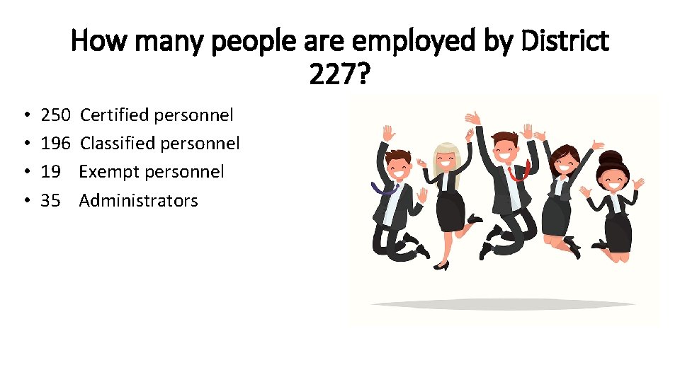 How many people are employed by District 227? • • 250 196 19 35