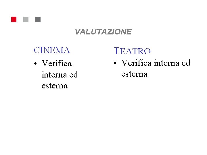 VALUTAZIONE CINEMA • Verifica interna ed esterna TEATRO • Verifica interna ed esterna 