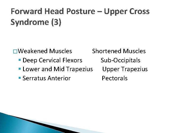 Forward Head Posture – Upper Cross Syndrome (3) � Weakened Muscles Shortened Muscles §