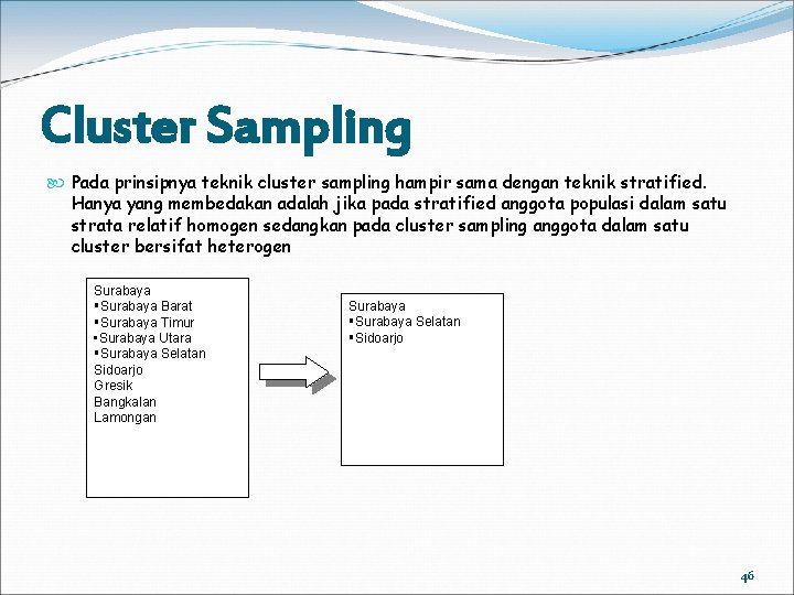 Cluster Sampling Pada prinsipnya teknik cluster sampling hampir sama dengan teknik stratified. Hanya yang