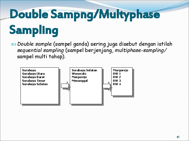 Double Sampng/Multyphase Sampling Double sample (sampel ganda) sering juga disebut dengan istilah sequential sampling