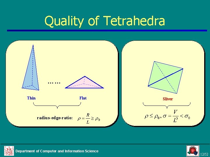 Quality of Tetrahedra …… Thin Flat Sliver radius-edge-ratio: Department of Computer and Information Science