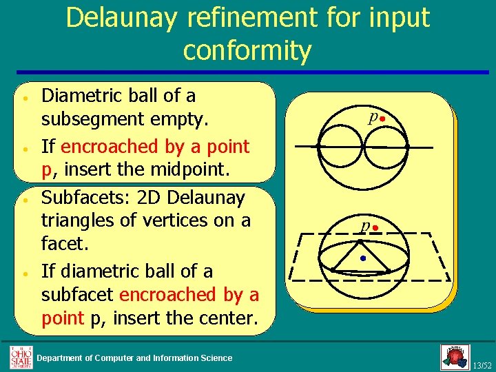 Delaunay refinement for input conformity • • Diametric ball of a subsegment empty. If