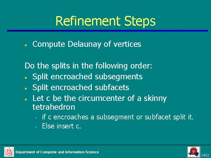 Refinement Steps • Compute Delaunay of vertices Do the splits in the following order: