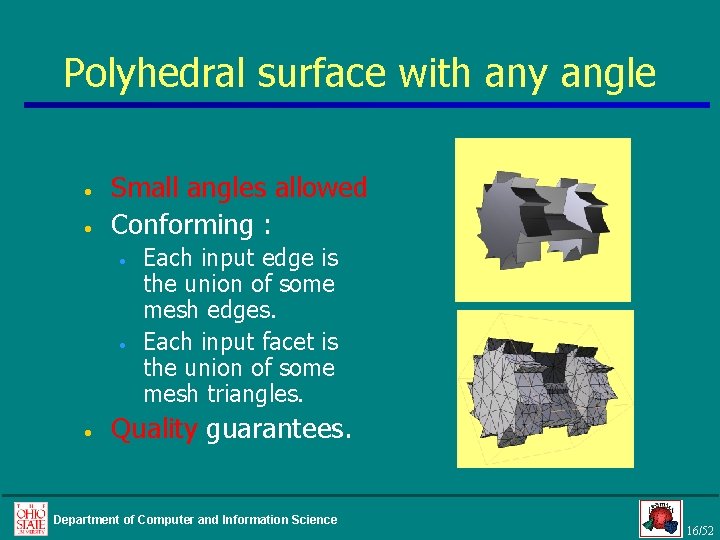 Polyhedral surface with any angle • • Small angles allowed Conforming : • •