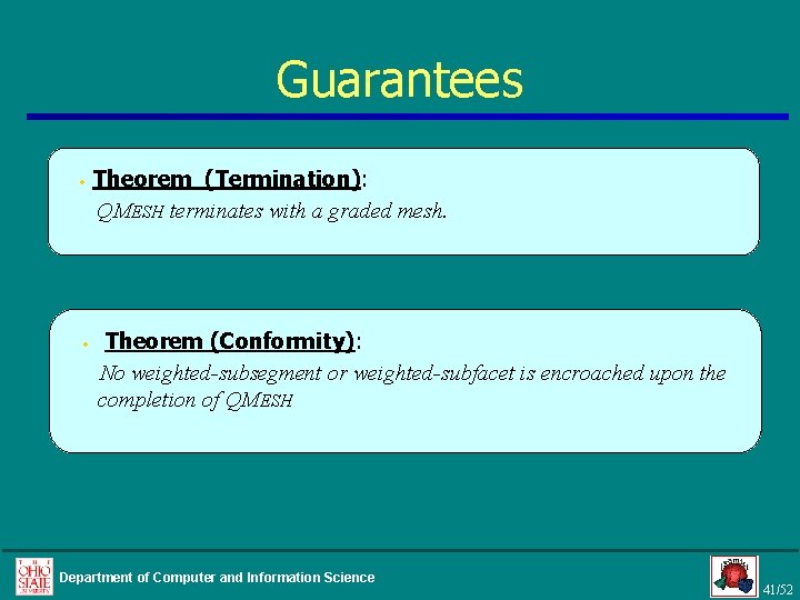 Guarantees • • Theorem (Termination): QMESH terminates with a graded mesh. Theorem (Conformity): No