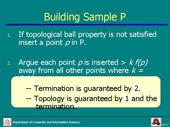 Building Sample P 1. 2. If topological ball property is not satisfied insert a