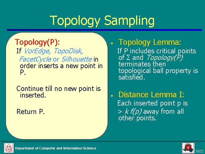 Topology Sampling Topology(P): • If Vor. Edge, Topo. Disk, Facet. Cycle or Silhouette in