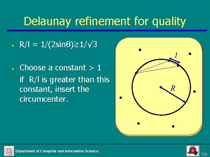 Delaunay refinement for quality • • R/l = 1/(2 sinθ)≥ 1/√ 3 Choose a