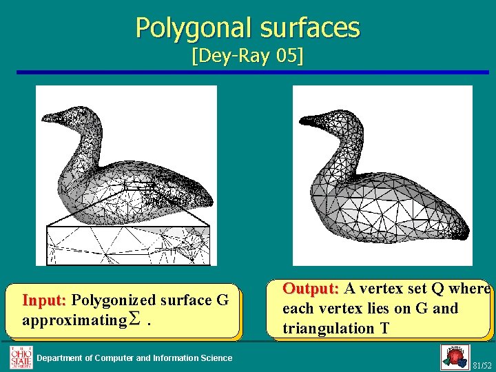 Polygonal surfaces [Dey-Ray 05] Input: Polygonized surface G approximating. Department of Computer and Information