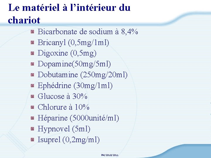 Le matériel à l’intérieur du chariot Bicarbonate de sodium à 8, 4% Bricanyl (0,