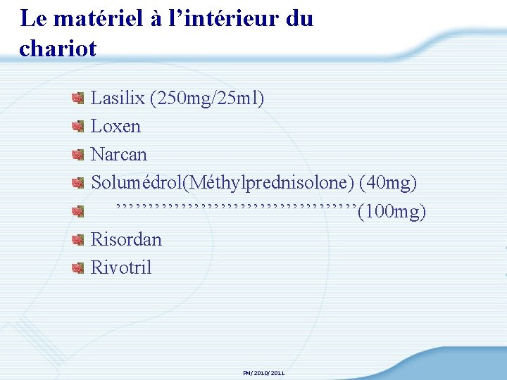 Le matériel à l’intérieur du chariot Lasilix (250 mg/25 ml) Loxen Narcan Solumédrol(Méthylprednisolone) (40