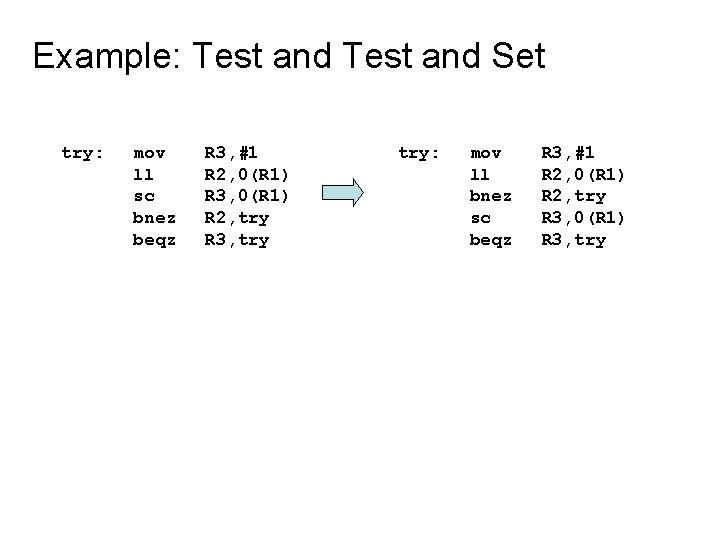 Example: Test and Set try: mov ll sc bnez beqz R 3, #1 R