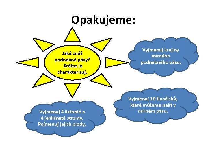 Opakujeme: Jaké znáš podnebné pásy? Krátce je charakterizuj. Vyjmenuj 4 listnaté a 4 jehličnaté