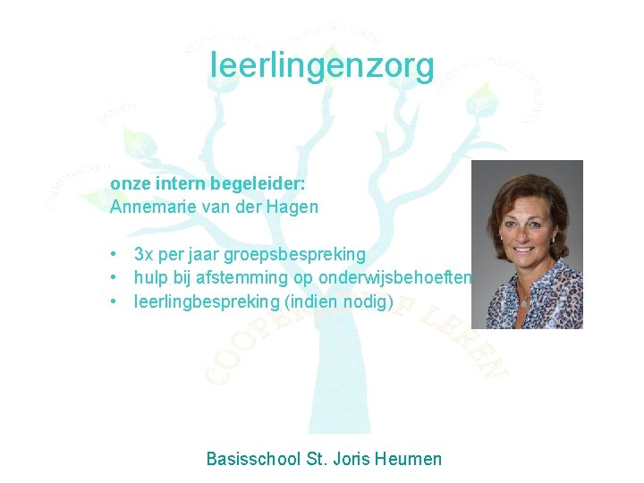 leerlingenzorg onze intern begeleider: Annemarie van der Hagen • 3 x per jaar groepsbespreking