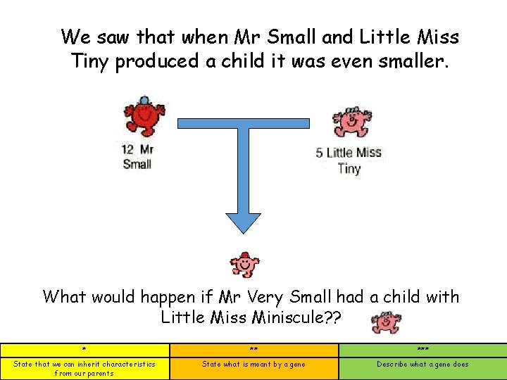 We saw that when Mr Small and Little Miss Tiny produced a child it