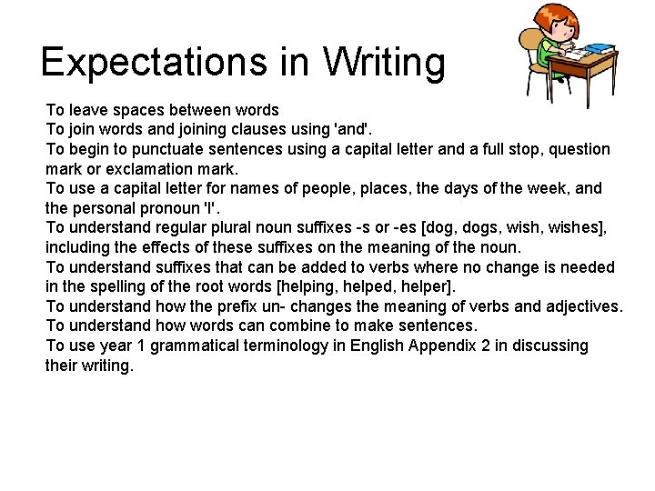 Expectations in Writing To leave spaces between words To join words and joining clauses