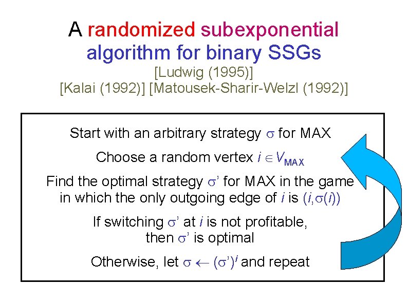 A randomized subexponential algorithm for binary SSGs [Ludwig (1995)] [Kalai (1992)] [Matousek-Sharir-Welzl (1992)] Start