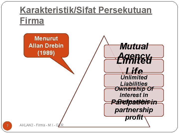 Karakteristik/Sifat Persekutuan Firma Menurut Allan Drebin (1989) Mutual Agency Limited Life Unlimited Liabilities Ownership