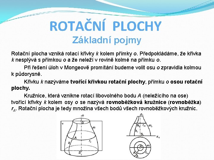 ROTAČNÍ PLOCHY Základní pojmy Rotační plocha vzniká rotací křivky k kolem přímky o. Předpokládáme,