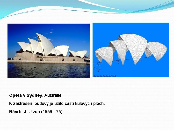 Opera v Sydney, Austrálie K zastřešení budovy je užito částí kulových ploch. Návrh: J.