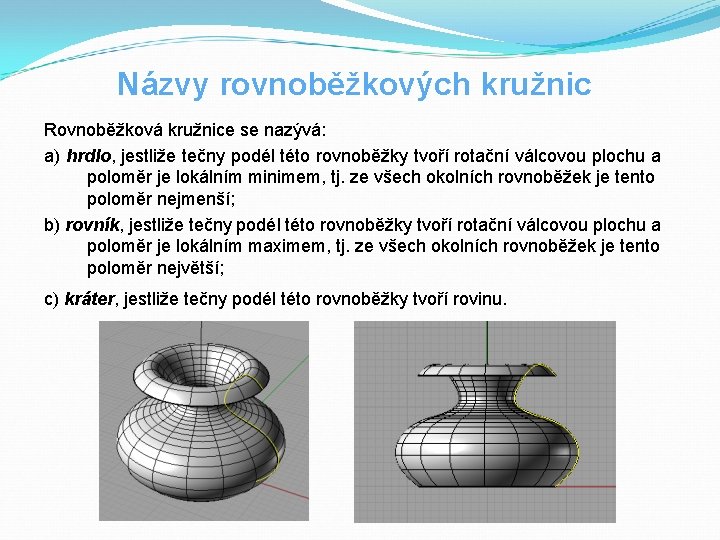 Názvy rovnoběžkových kružnic Rovnoběžková kružnice se nazývá: a) hrdlo, jestliže tečny podél této rovnoběžky