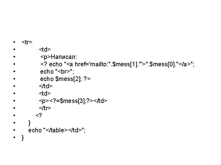  • • • • <tr> <td> <p>Написал: <? echo "<a href='mailto: ". $mess[1].