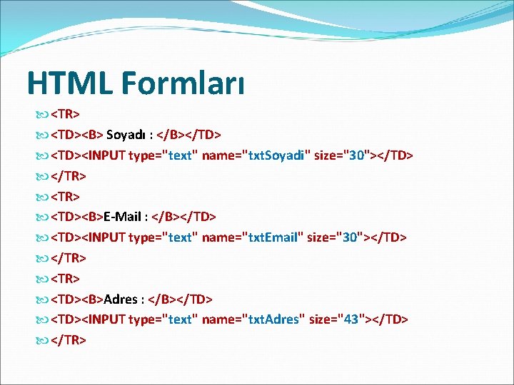 HTML Formları <TR> <TD><B> Soyadı : </B></TD> <TD><INPUT type="text" name="txt. Soyadi" size="30"></TD> </TR> <TD><B>E-Mail