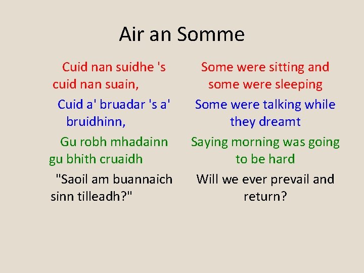 Air an Somme Cuid nan suidhe 's cuid nan suain, Cuid a' bruadar 's