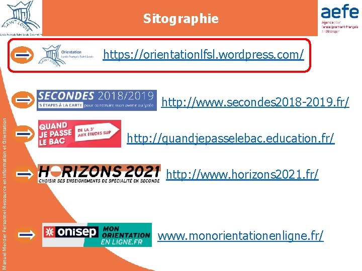 Sitographie https: //orientationlfsl. wordpress. com/ Manuel Mercier Personnel Ressource en Information et Orientation http: