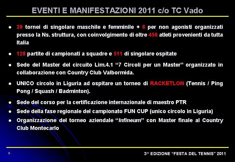 EVENTI E MANIFESTAZIONI 2011 c/o TC Vado l 20 tornei di singolare maschile e