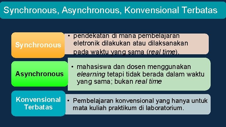 Synchronous, Asynchronous, Konvensional Terbatas • pendekatan di mana pembelajaran eletronik dilakukan atau dilaksanakan Synchronous