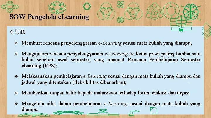 SOW Pengelola e. Learning v Dosen v Membuat rencana penyelenggaraan e-Learning sesuai mata kuliah