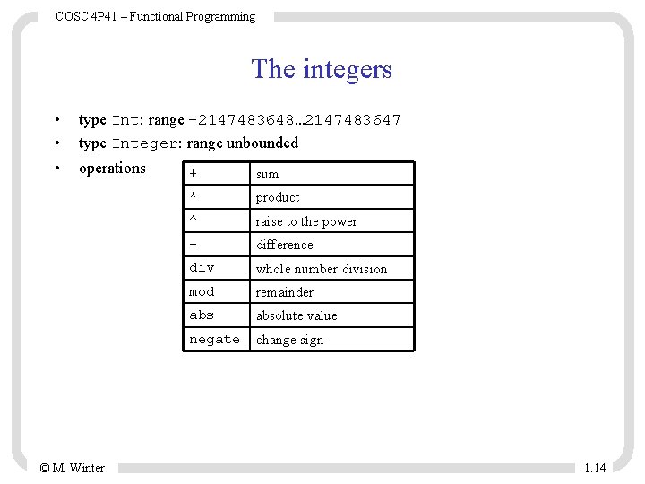 COSC 4 P 41 – Functional Programming The integers • • • type Int: