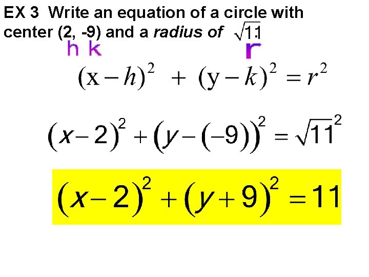 EX 3 Write an equation of a circle with center (2, -9) and a