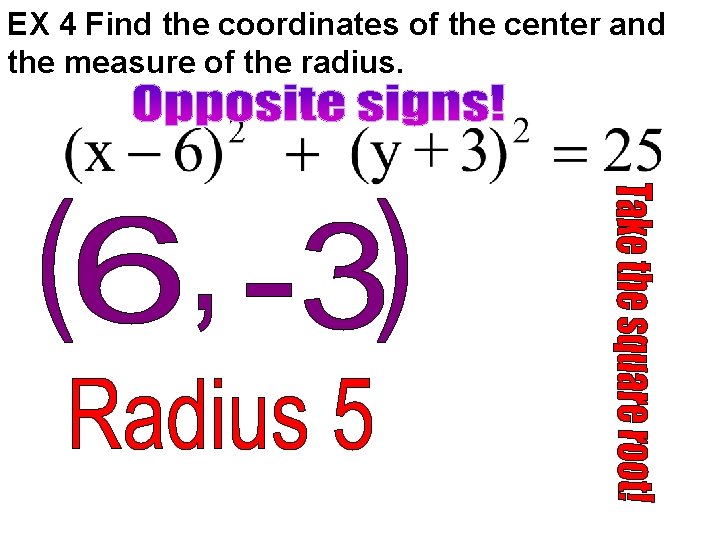 EX 4 Find the coordinates of the center and the measure of the radius.