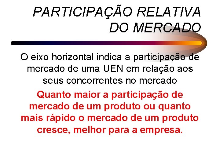 PARTICIPAÇÃO RELATIVA DO MERCADO O eixo horizontal indica a participação de mercado de uma