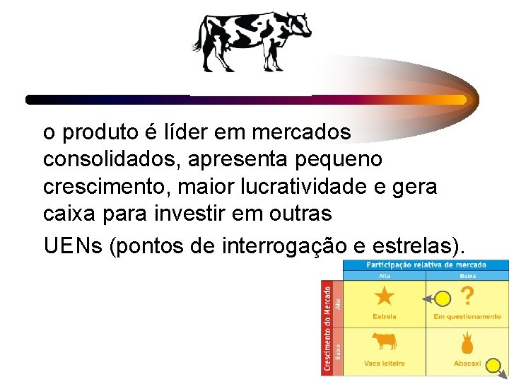 o produto é líder em mercados consolidados, apresenta pequeno crescimento, maior lucratividade e gera