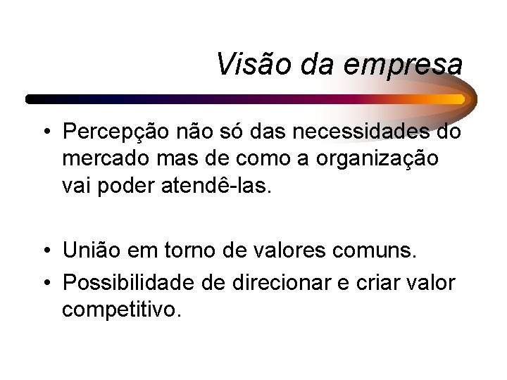 Visão da empresa • Percepção não só das necessidades do mercado mas de como