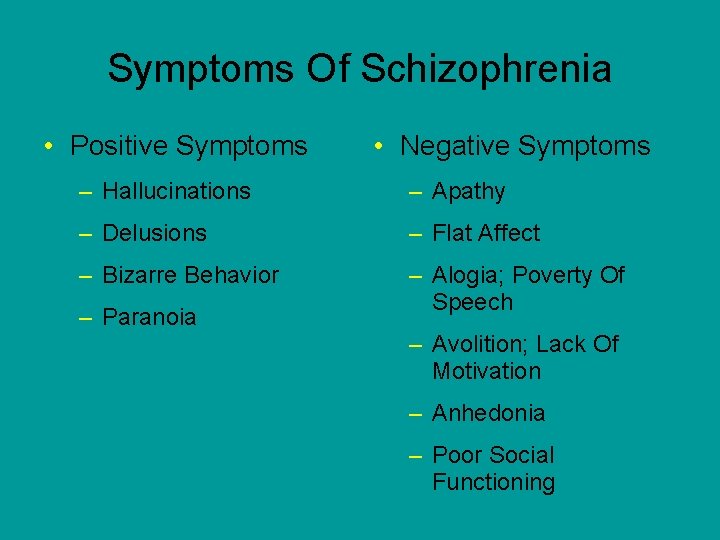 Symptoms Of Schizophrenia • Positive Symptoms • Negative Symptoms – Hallucinations – Apathy –