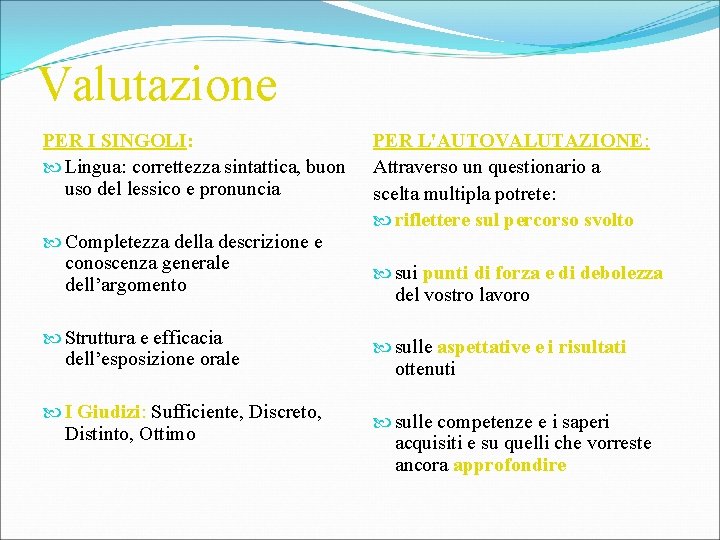 Valutazione PER I SINGOLI: Lingua: correttezza sintattica, buon uso del lessico e pronuncia Completezza