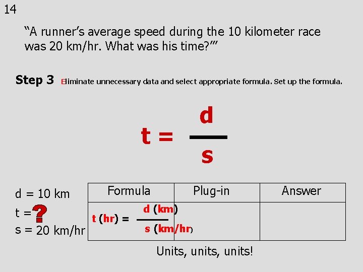 14 “A runner’s average speed during the 10 kilometer race was 20 km/hr. What