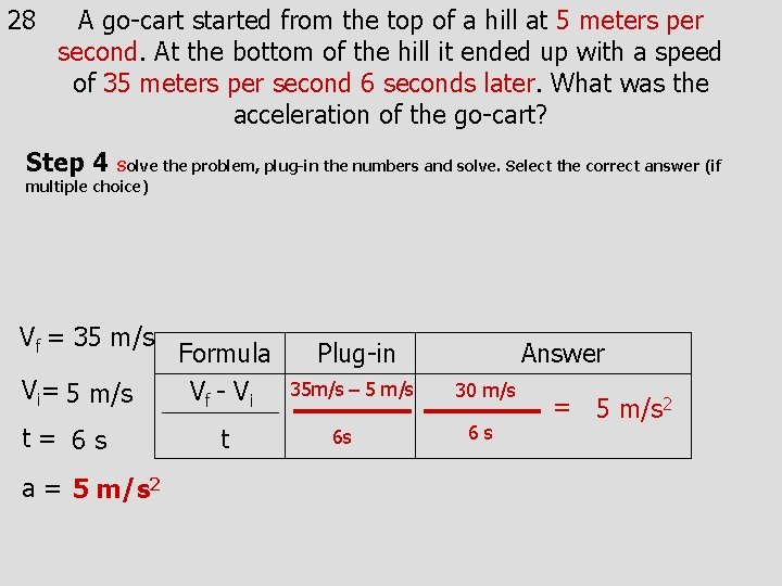 28 A go-cart started from the top of a hill at 5 meters per