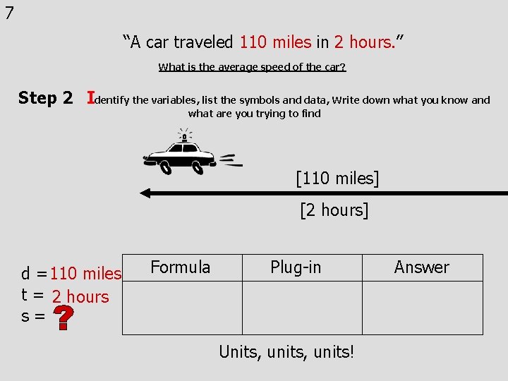 7 “A car traveled 110 miles in 2 hours. ” What is the average