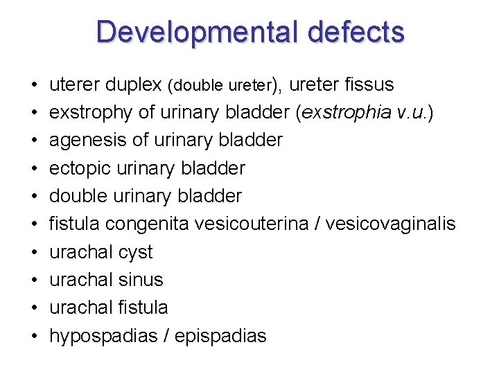 Developmental defects • • • uterer duplex (double ureter), ureter fissus exstrophy of urinary