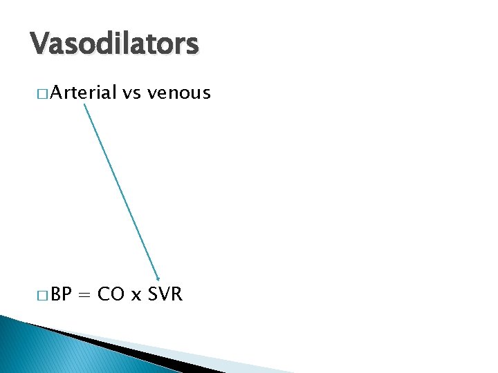 Vasodilators � Arterial � BP vs venous = CO x SVR 