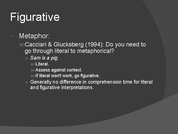 Figurative Metaphor: Cacciari & Glucksberg (1994): Do you need to go through literal to