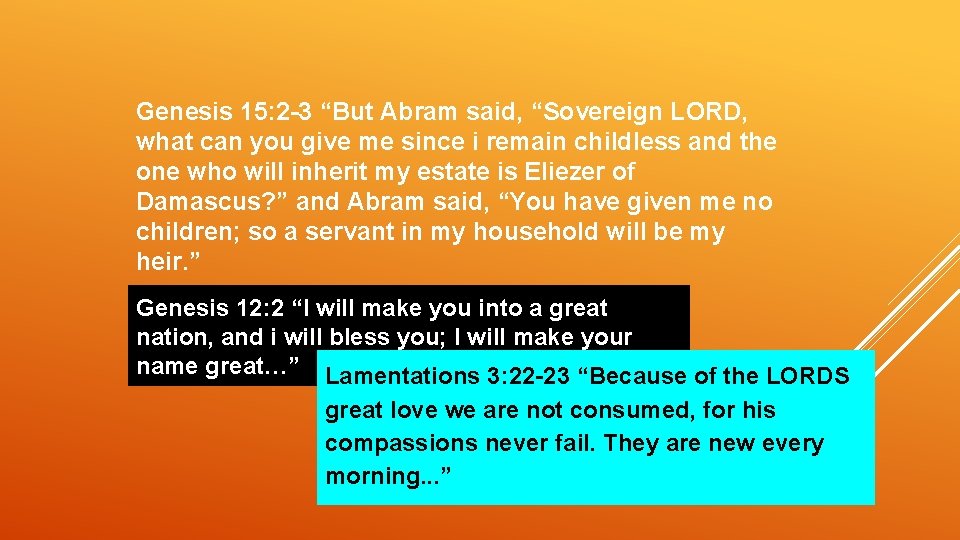Genesis 15: 2 -3 “But Abram said, “Sovereign LORD, what can you give me