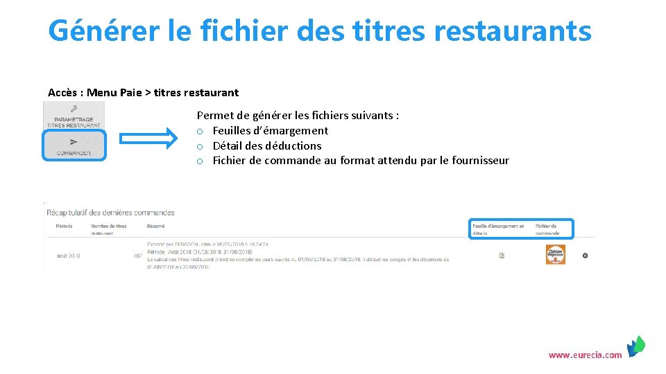 Générer le fichier des titres restaurants Accès : Menu Paie > titres restaurant Permet
