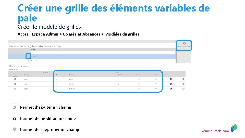 Créer une grille des éléments variables de paie Créer le modèle de grilles Accès